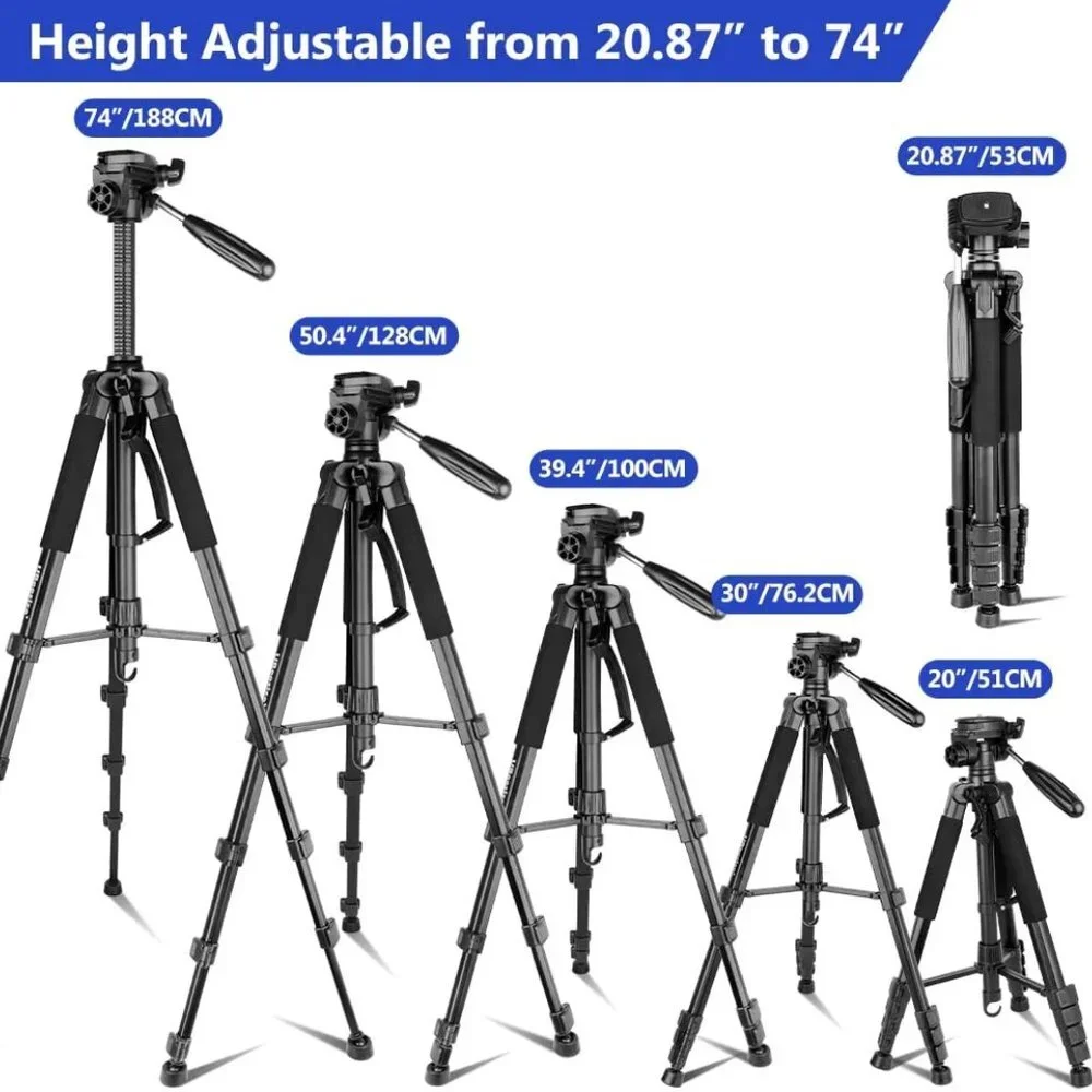74’’ Camera Tripod with Travel Bag, Cell Phone Tripod with Wireless Remote